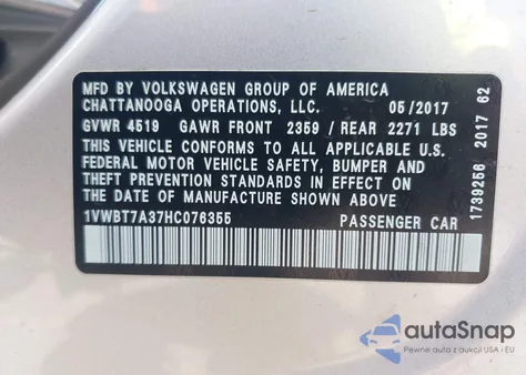 2017 Volkswagen Passat 1.8T Se from USA, damaged, VIN 1VWBT7A37HC076355